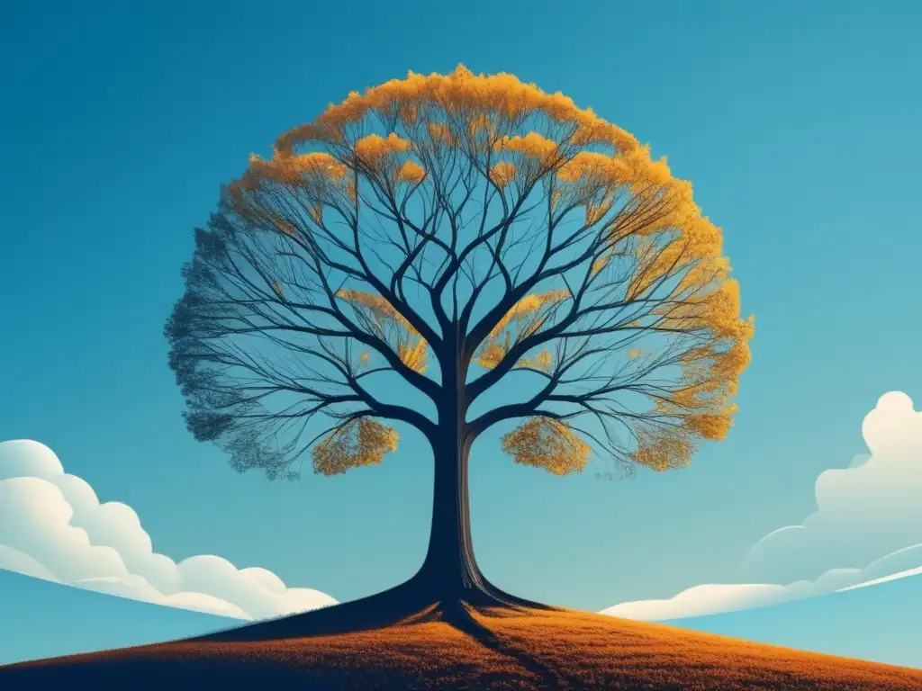 Técnicas neurocientíficas para salud mental: Imagen serena y minimalista de un árbol majestuoso junto a un estanque reflejando su belleza y vitalidad