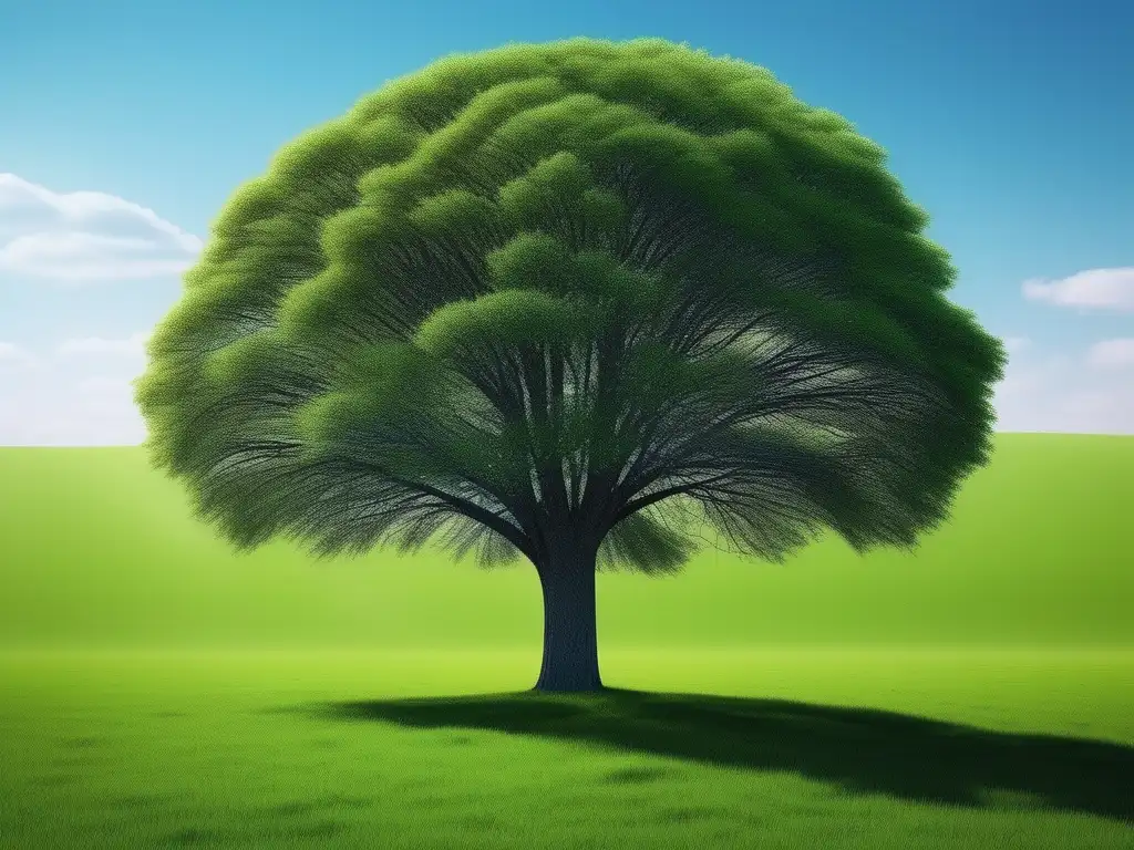 Conceptos básicos salud mental: Imagen de campo abierto con césped verde y cielo azul, árbol solitario simbolizando fortaleza y tranquilidad