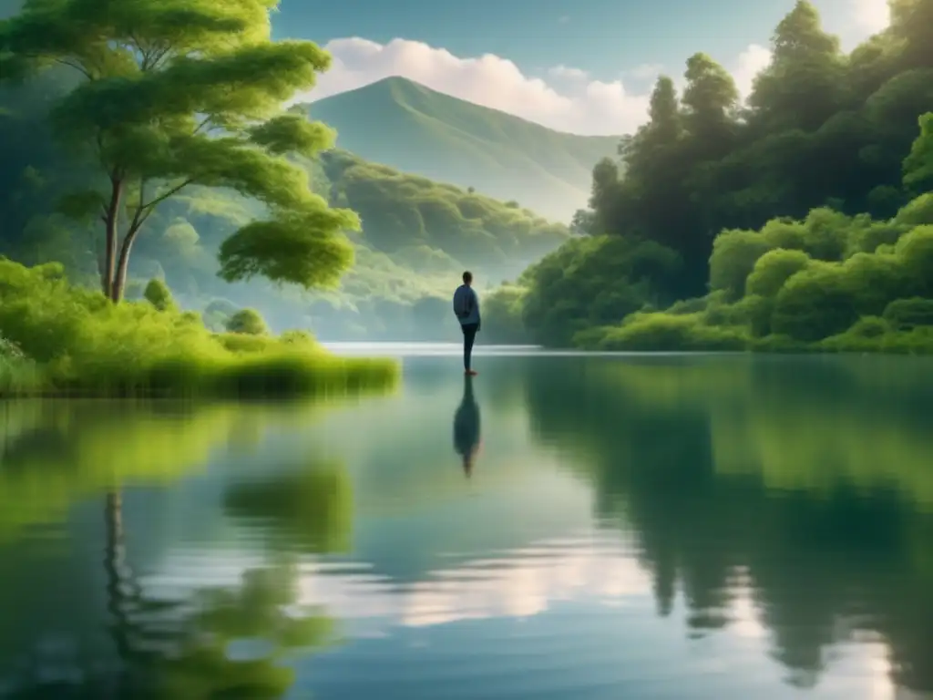 Persona disfrutando de la tranquilidad de un lago, reflejando equilibrio emocional y felicidad