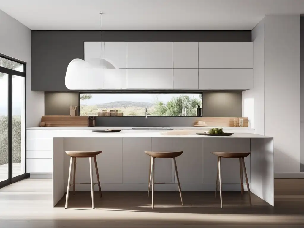 Importancia de la alimentación en el estado de ánimo: Kitchen scene with fresh fruits and vegetables in a modern, minimalist setting