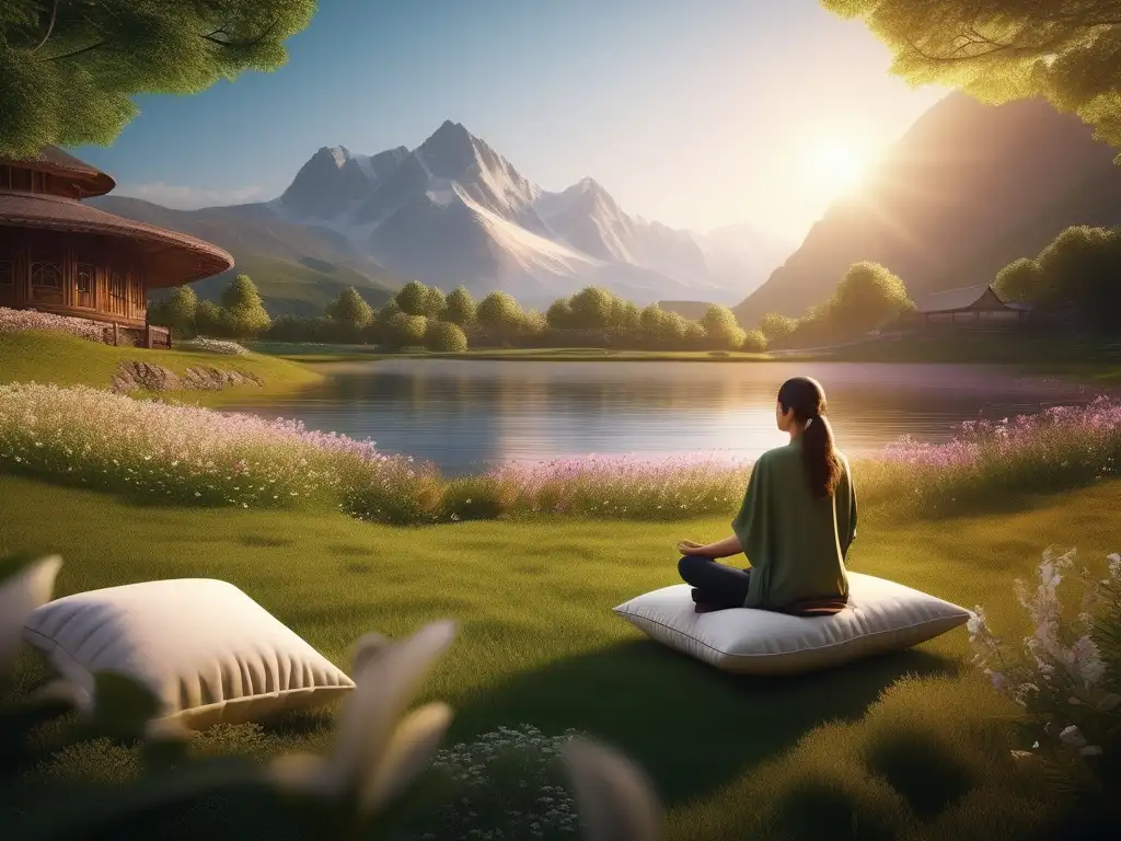 Imagen de paisaje sereno con montañas, río y meditación: Técnicas avanzadas de equilibrio emocional con Mindfulness