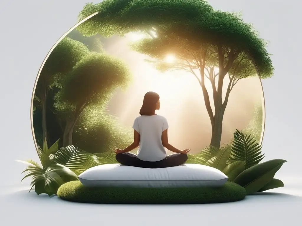 Imagen 8K equilibrio emocional con persona en posición de meditación rodeada de naturaleza calmante