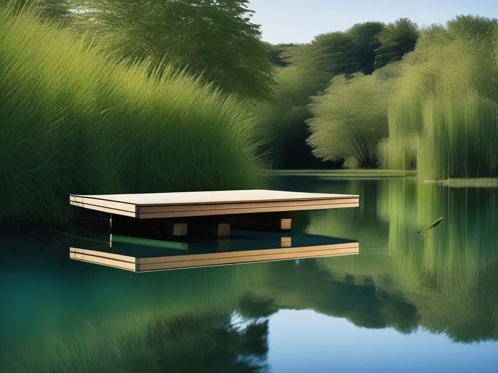 Paisaje sereno con lago, vegetación exuberante y cielo azul reflejados en el agua