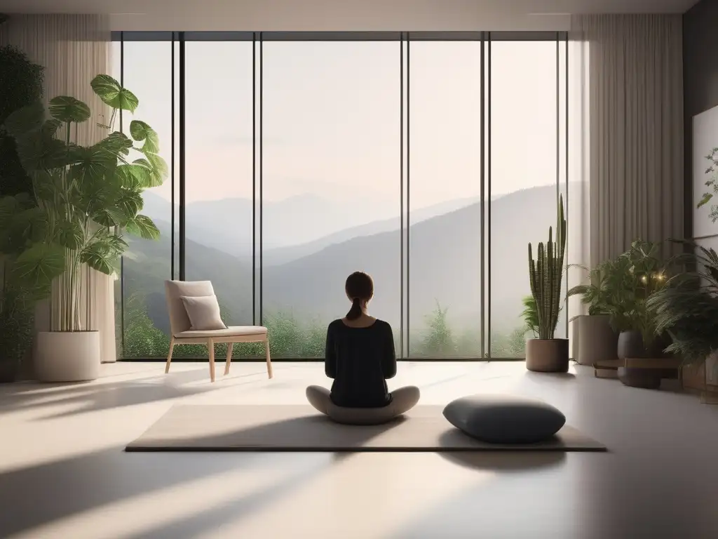 Imagen de una habitación minimalista con luz natural y una persona practicando mindfulness para equilibrio emocional con técnicas PNL