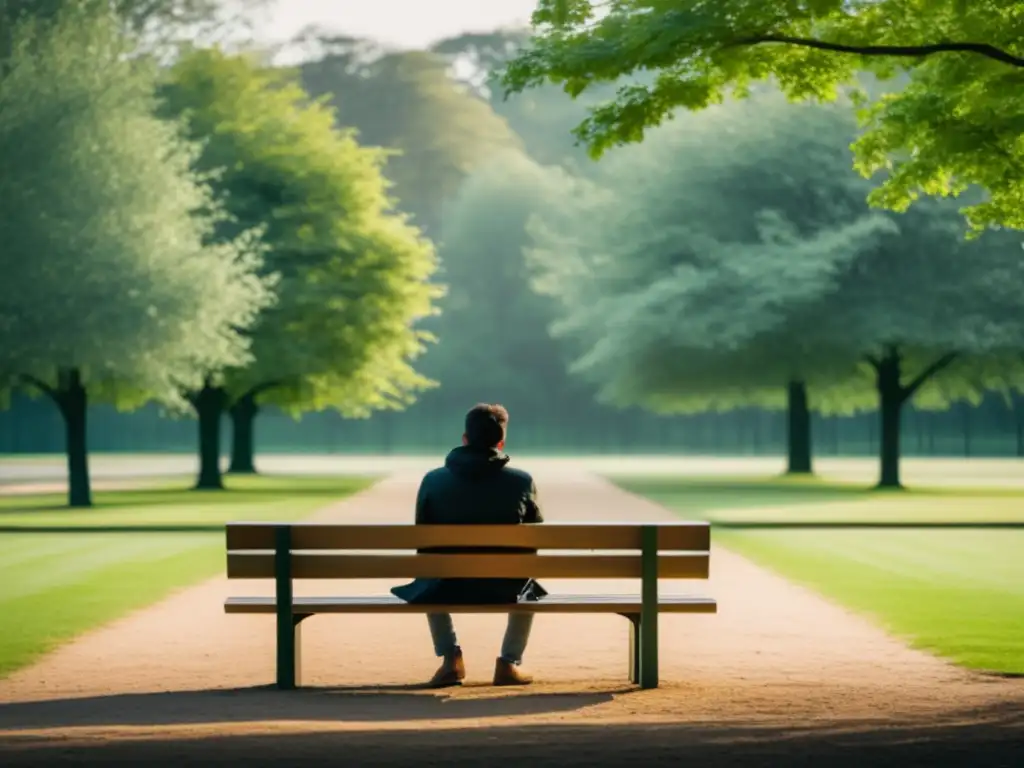 Persona solitaria en banco del parque, rodeada de naturaleza serena y tranquila