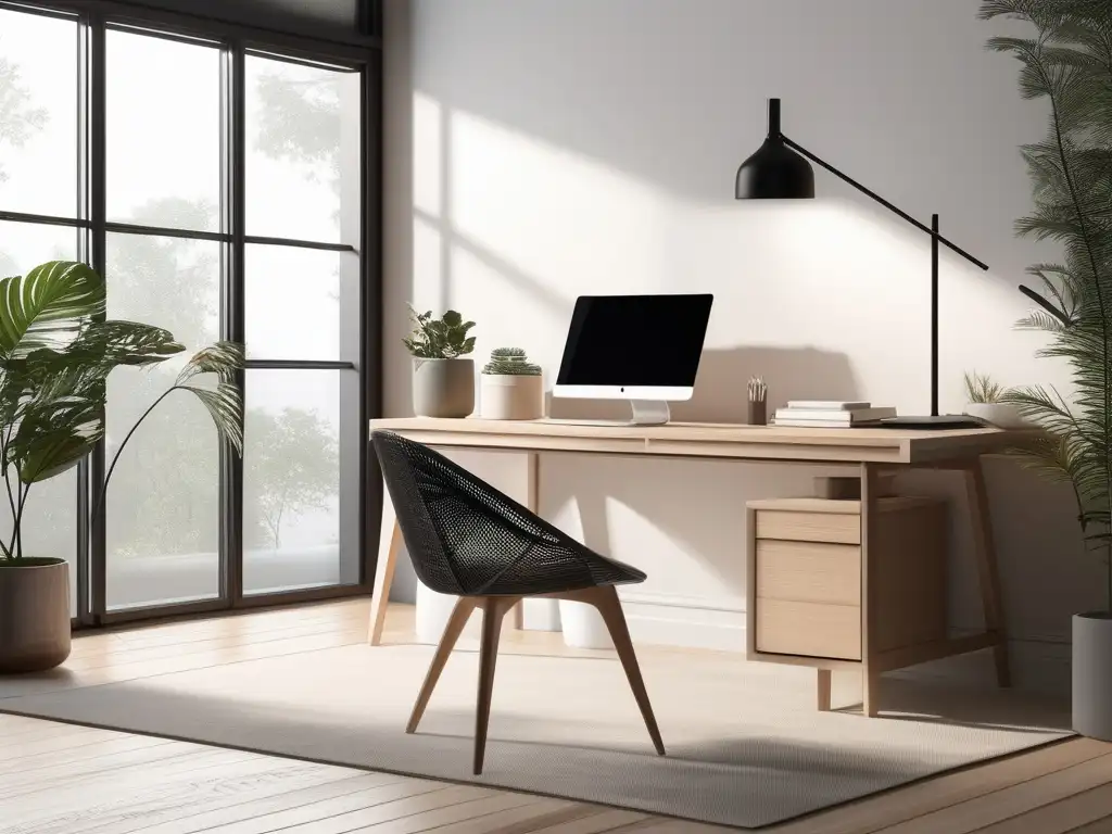 Espacio de trabajo minimalista con luz natural y vista relajante - Técnicas de relajación para estrés laboral