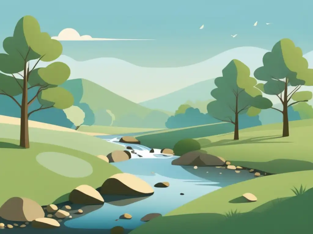 Beneficios Selenio para Ansiedad: Ilustración minimalista de paisaje tranquilo con cielo azul, árboles verdes y arroyo sereno