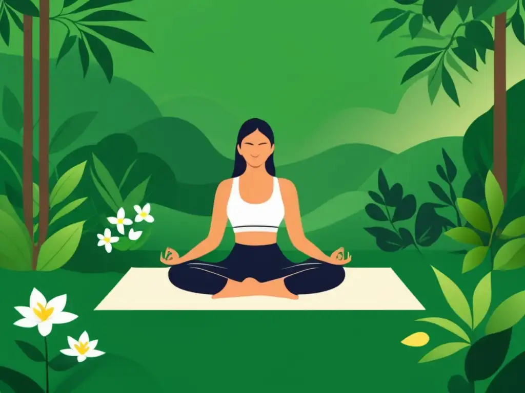 Ilustración minimalista del poder del yoga para la salud mental: persona en postura de yoga rodeada de naturaleza