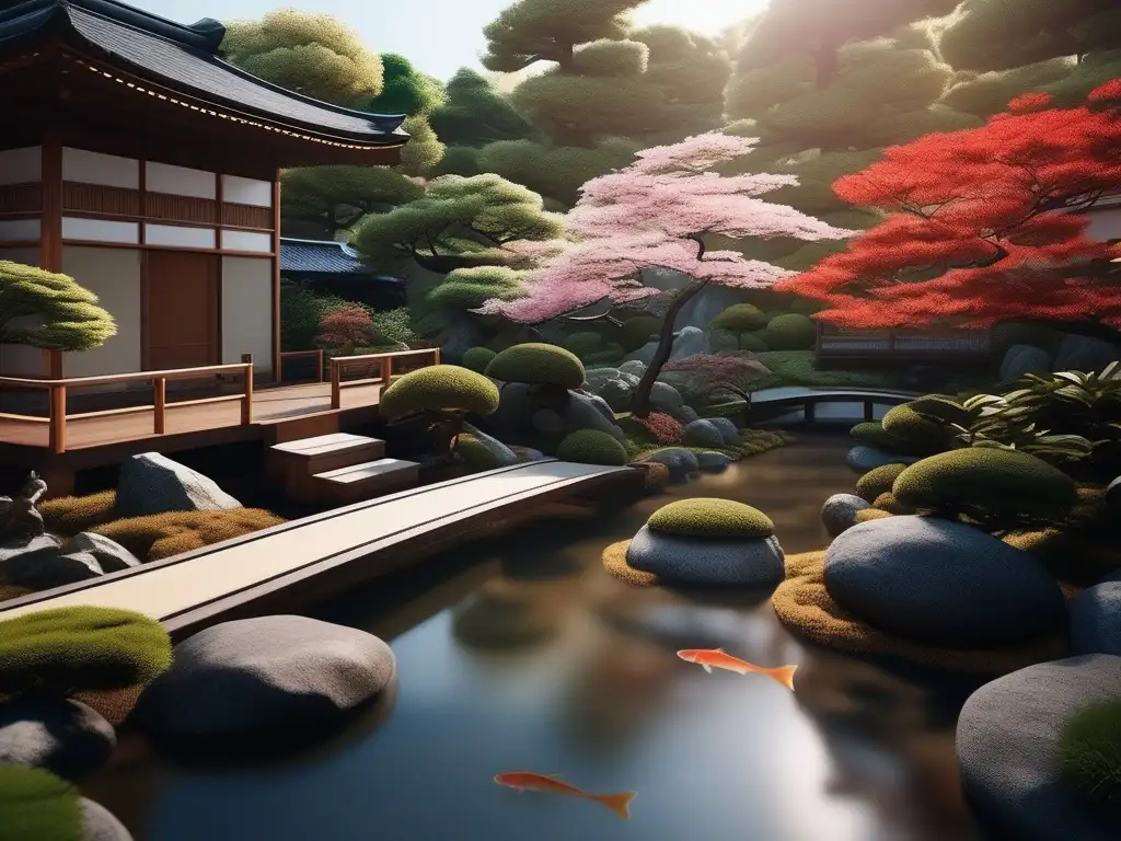 Impacto salud mental cultura japonesa: Jardín japonés sereno con bonsáis, camino de piedra hacia casa de té y estanque de peces koi coloridos