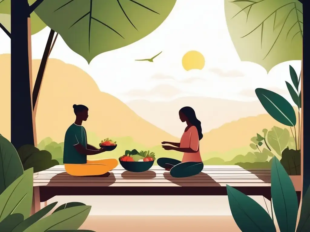 Beneficios del mindfulness en enfermedad celíaca: Jardín sereno con individuos practicando mindful eating