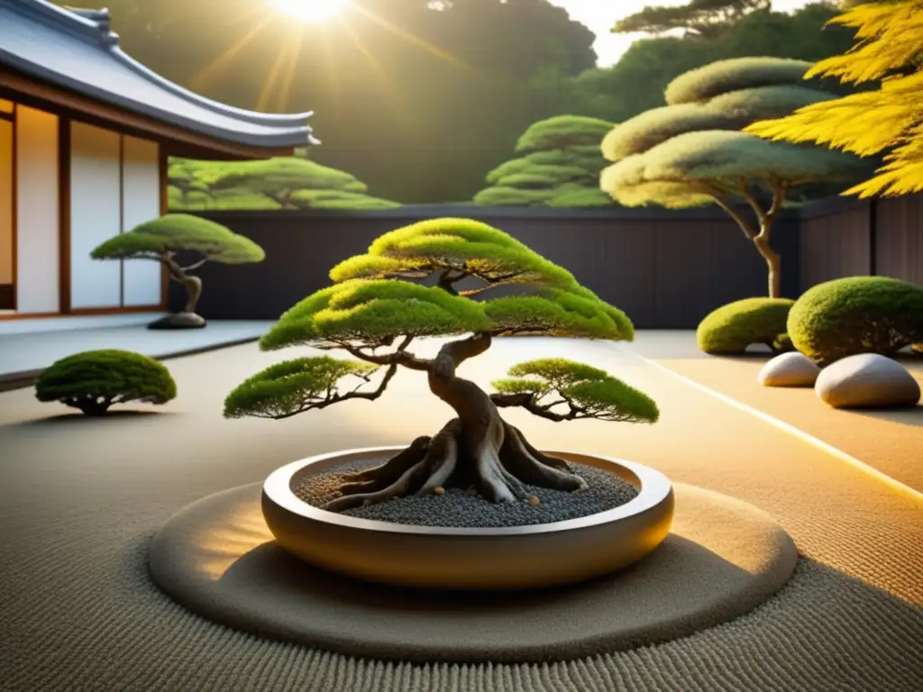 Un jardín Zen minimalista y sereno, bañado en suave luz dorada