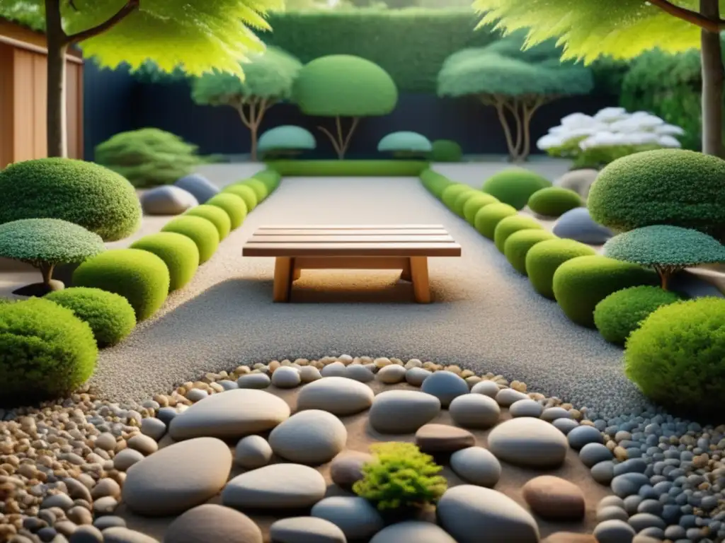 Un jardín Zen sereno con árboles verdes y flores vibrantes, donde alguien practica mindfulness para encontrar equilibrio emocional