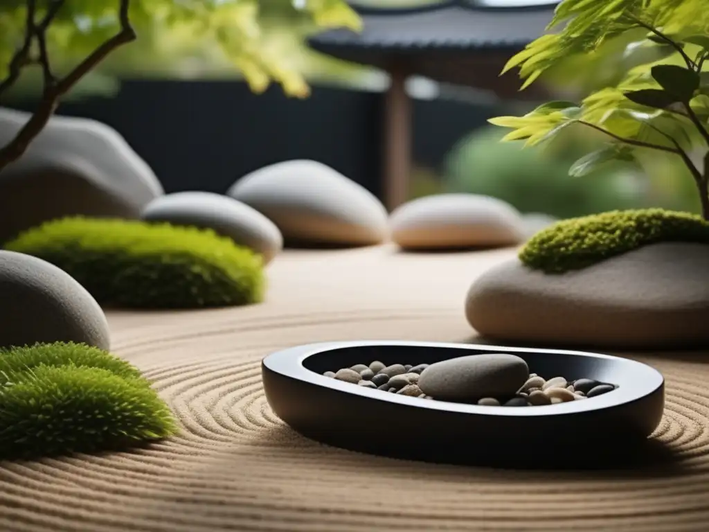 Hermoso jardín Zen con patrones de grava y rocas, reflejando hábitos saludables para equilibrio mental