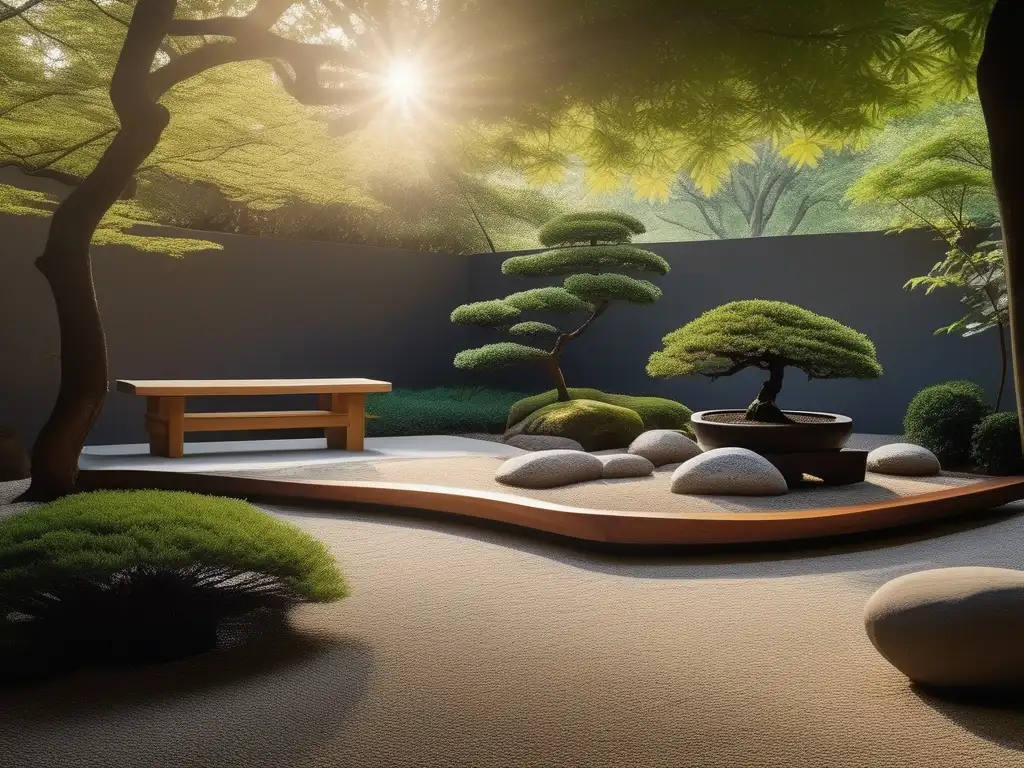 Un jardín Zen minimalista rodeado de vegetación exuberante, con un banco de madera en el centro