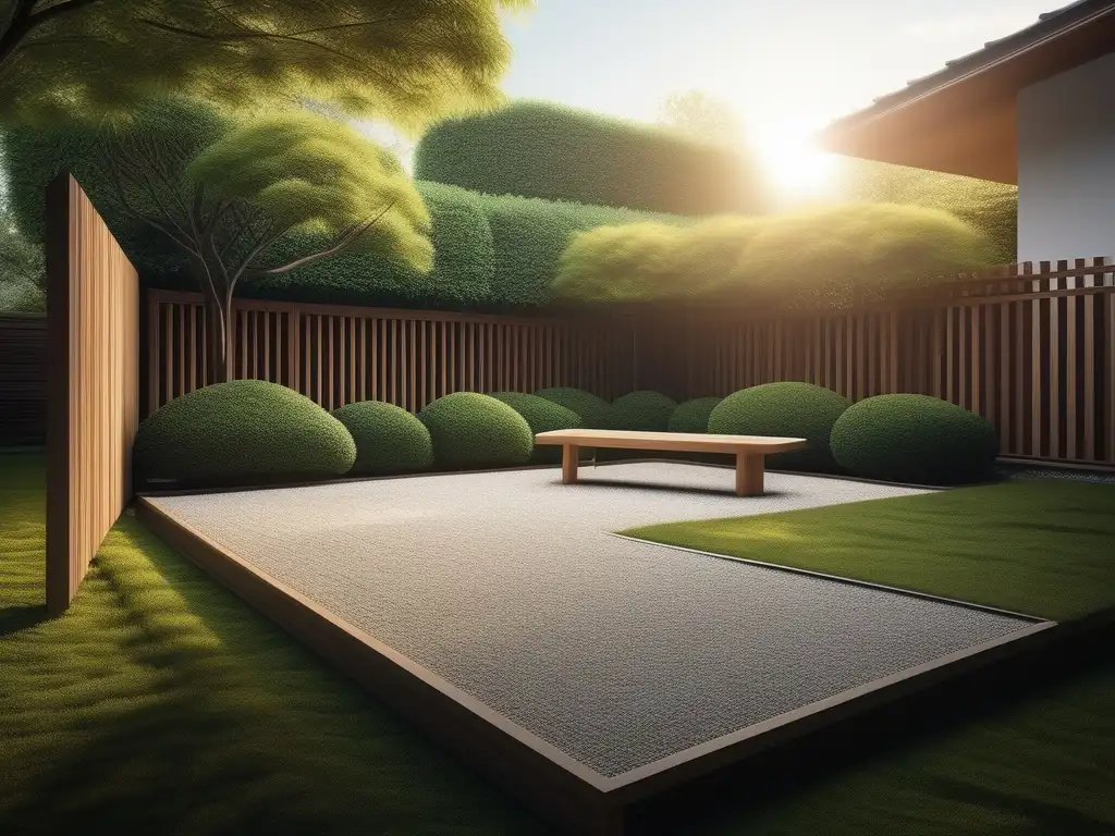 Zen garden con banco invita a practicar mindfulness; beneficios del mindfulness para la salud mental