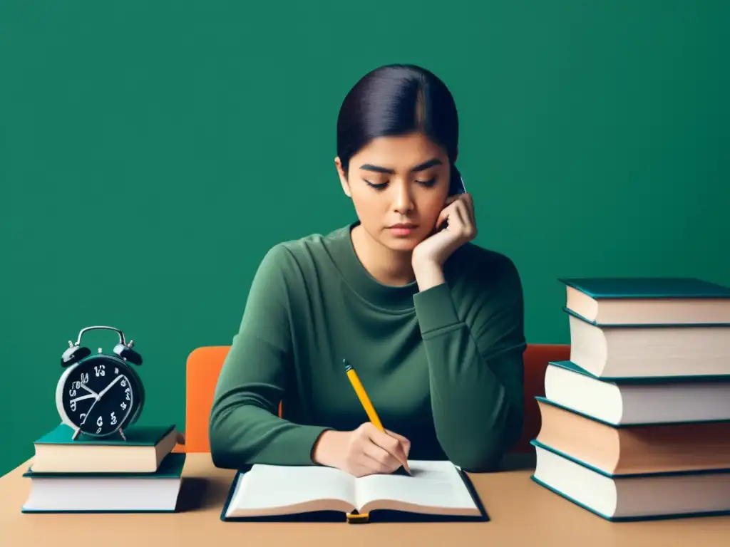 Adolescente reflexionando rodeado de libros y tecnología, representando la presión académica y técnicas de manejo del estrés