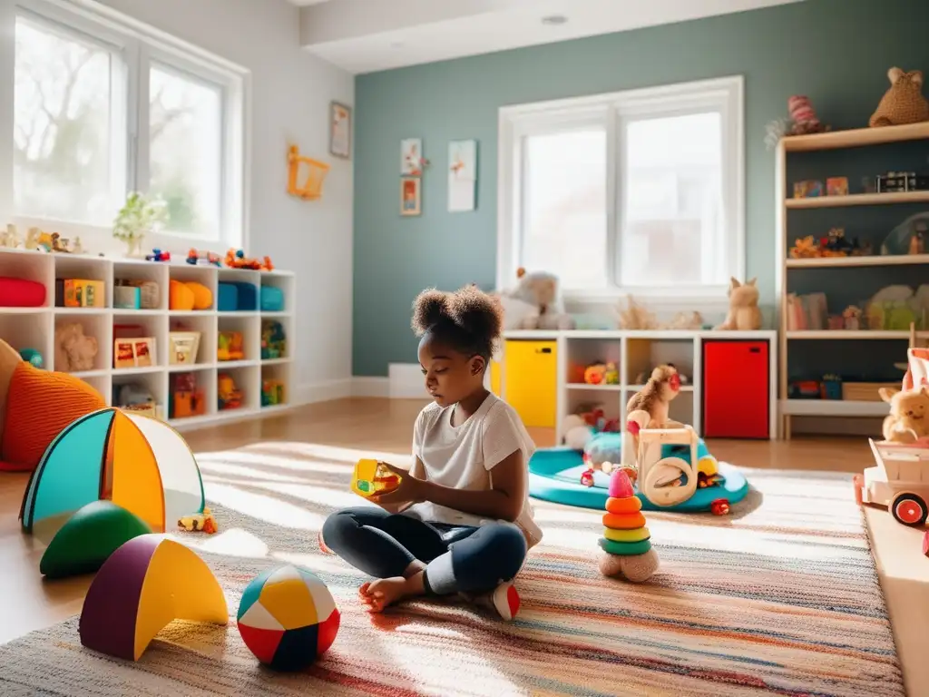 Terapia de juego para niños: aliviar estrés infantil en una sala de juegos llena de juguetes y colores, con terapeuta y ambiente acogedor