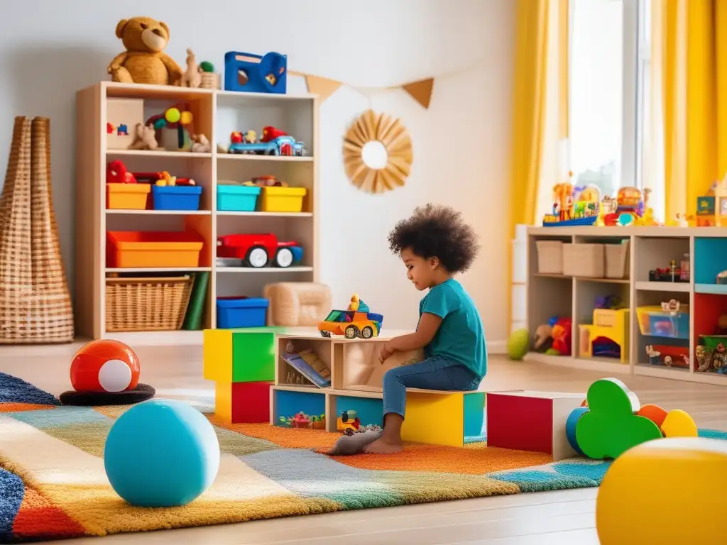 Juego en bienestar infantil: niño feliz rodeado de juguetes en una sala ordenada y luminosa