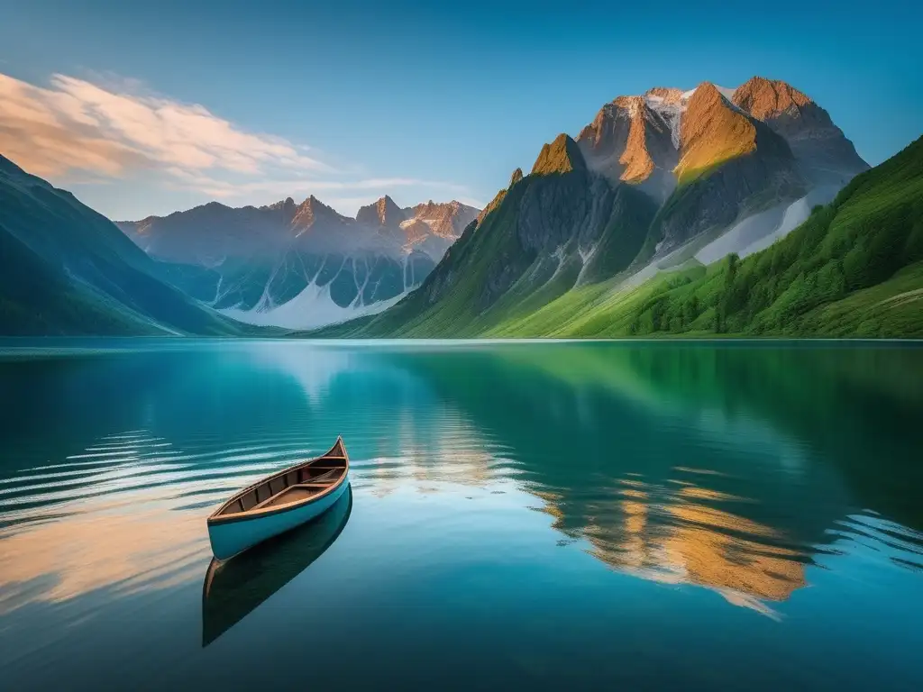 Escena serena y minimalista: lago tranquilo rodeado de montañas, reflejando la naturaleza con claridad