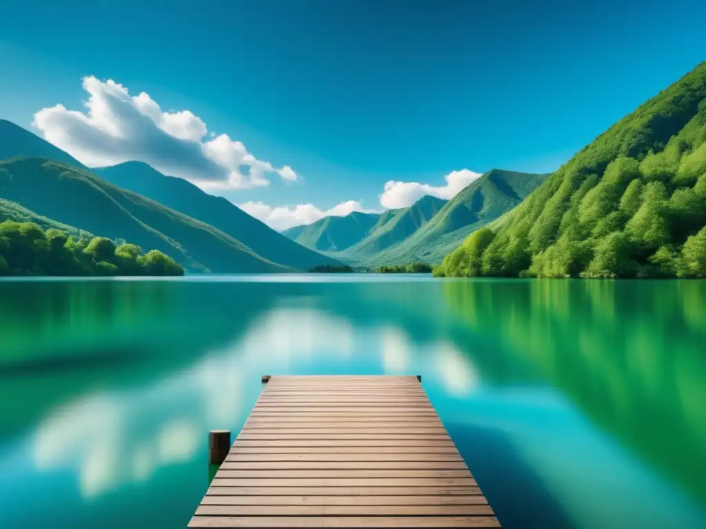 Paisaje natural sereno y tranquilo con lago cristalino rodeado de montañas verdes y muelle de madera