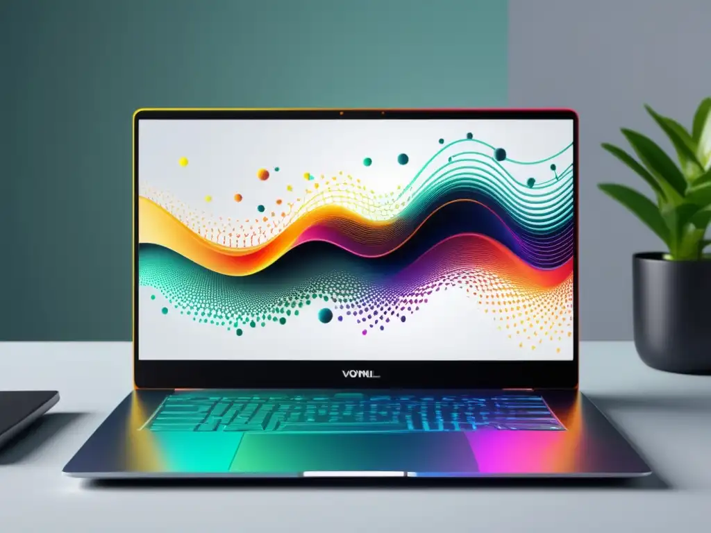 Laptop moderno en escritorio minimalista, pantalla muestra visualización de redes neuronales