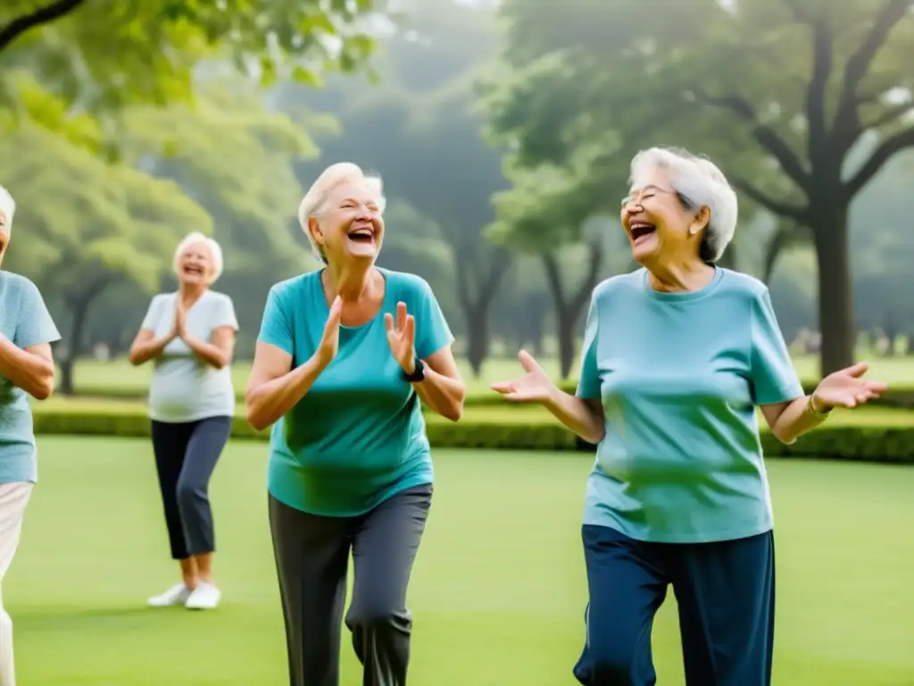 Beneficios del humor en la vejez: Grupo de ancianos disfrutando de una sesión de risoterapia en un parque sereno con árboles verdes y cielo azul