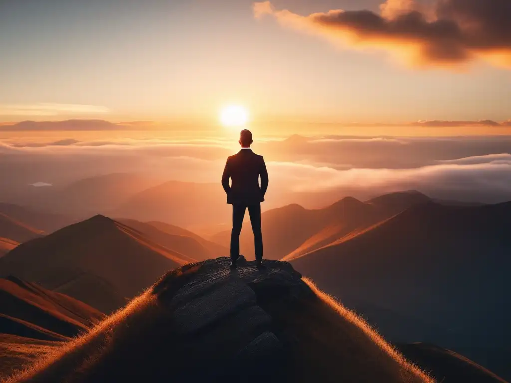 Persona líder en la cima de la montaña, rodeada de paisaje sereno