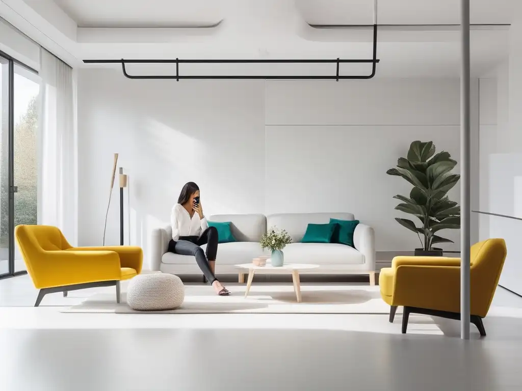 Impacto redes sociales; sala minimalista con muebles modernos, predominio blanco y toques de colores vibrantes; persona en sofá, absorta en smartphone