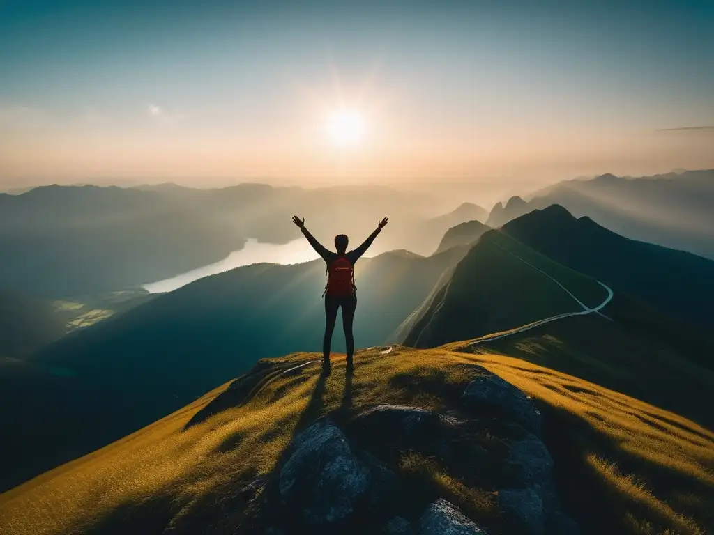 Logro y satisfacción en paisaje montañoso con persona alcanzando metas