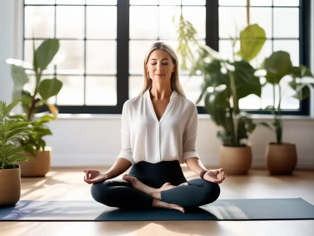 Maestra en paz y equilibrio practicando mindfulness en un aula minimalista