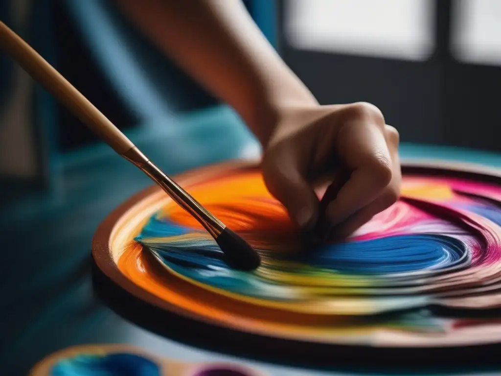 Mano de artista pintando colores vibrantes en lienzo, rompiendo estigmas de salud mental en el arte