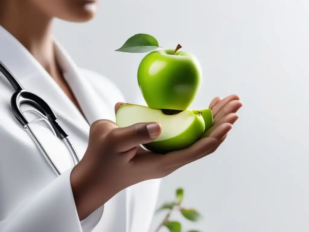 Mindfulness en Trastornos Alimentarios: Manos cuidadosas sostienen una manzana verde vibrante