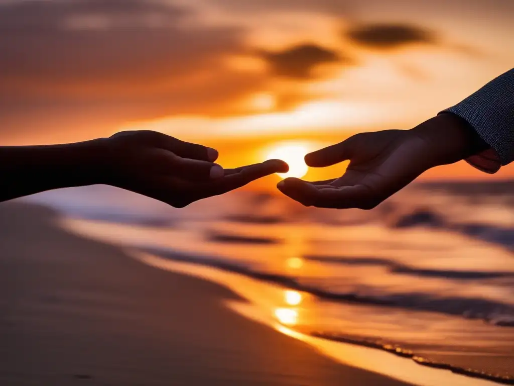 Importancia de la empatía y entendimiento en relaciones: manos unidas en la playa al atardecer