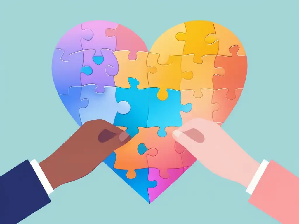 Manos unidas con piezas de puzzle y corazón: Impacto de valores compartidos en relaciones