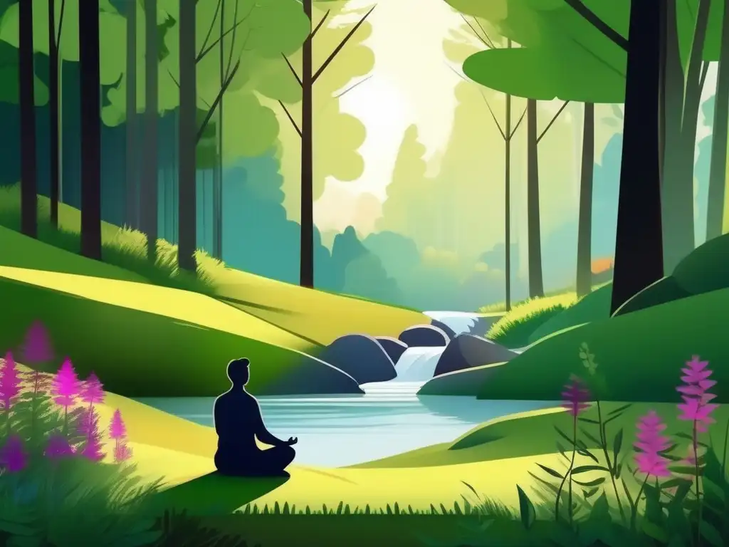 Beneficios mindfulness para diabéticos: serenidad, bosque verde, meditación, flores, bienestar mental