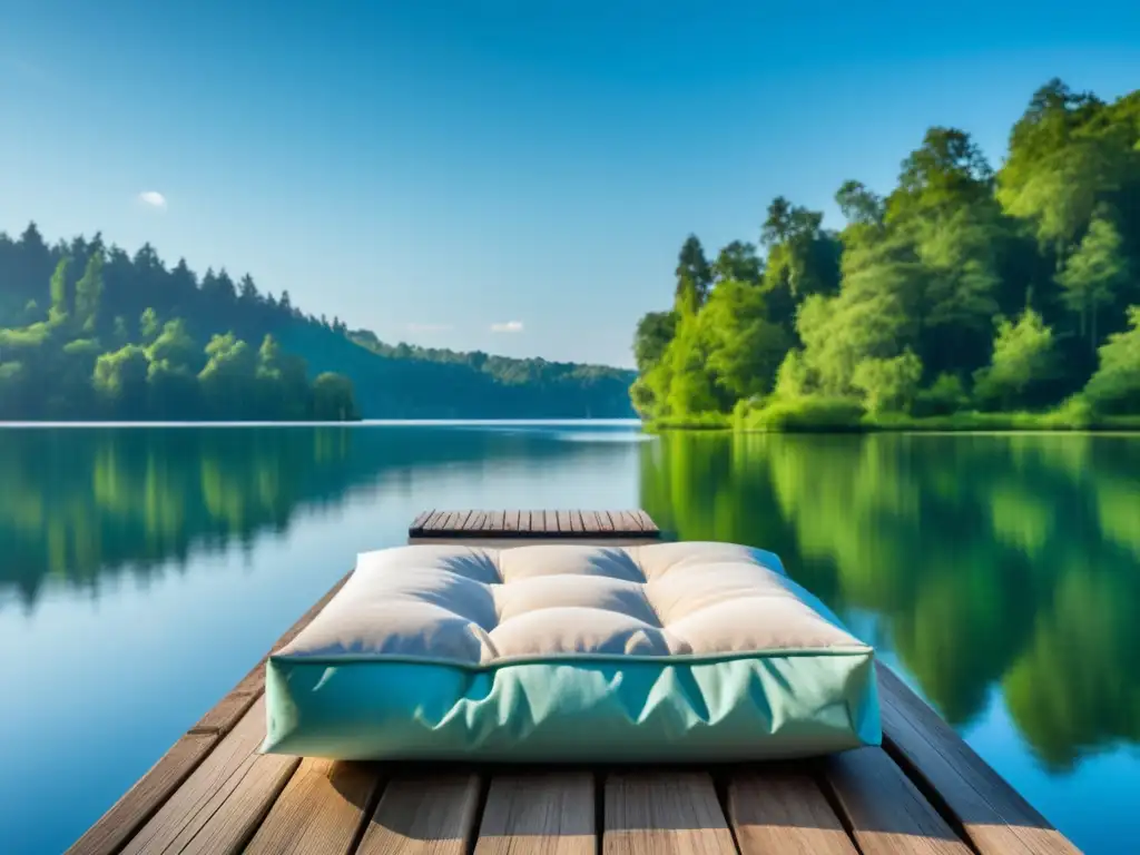 Imagen serena de la naturaleza con lago, árboles y muelle para meditar