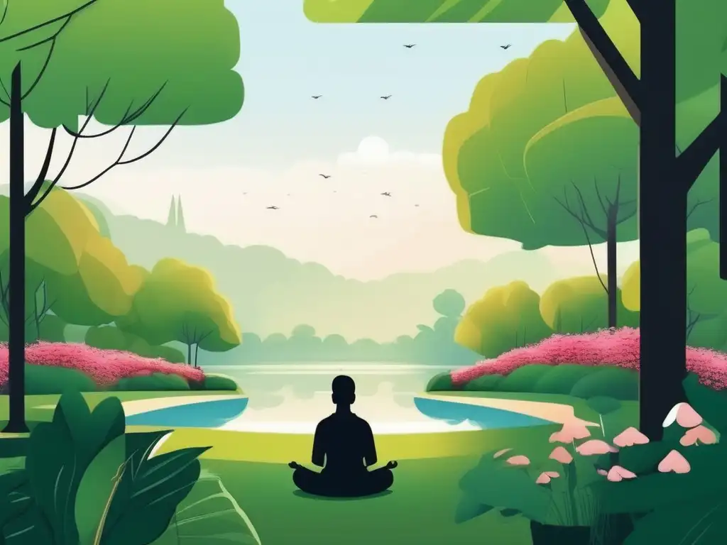 Beneficios del mindfulness en Parkinson: Escena serena de un parque con diseño minimalista