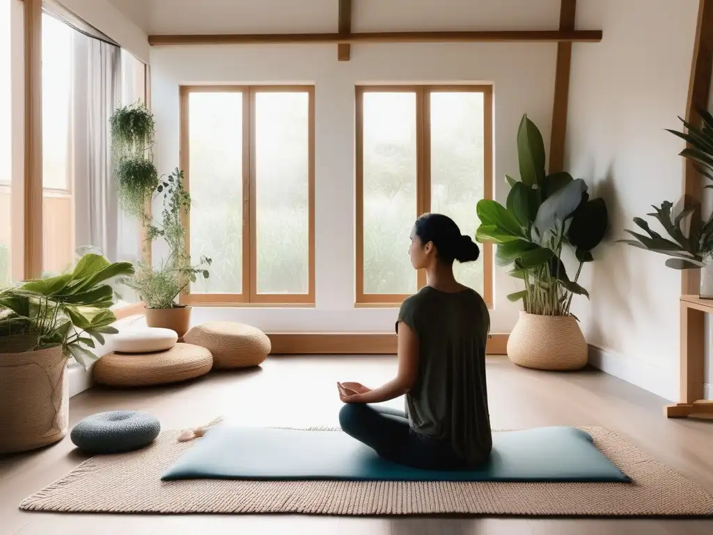 Prácticas de Mindfulness para mejorar memoria y concentración en un espacio de meditación sereno y minimalista