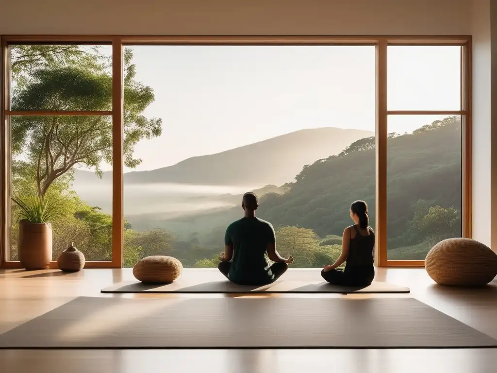 Técnicas de mindfulness para padres: Padre e hijo meditan juntos en un espacio sereno y minimalista