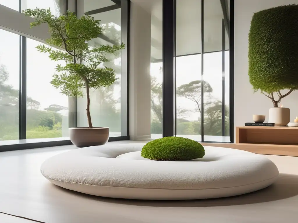 Serenidad y minimalismo en una sala de meditación con luz natural, ventanales y decoración minimalista