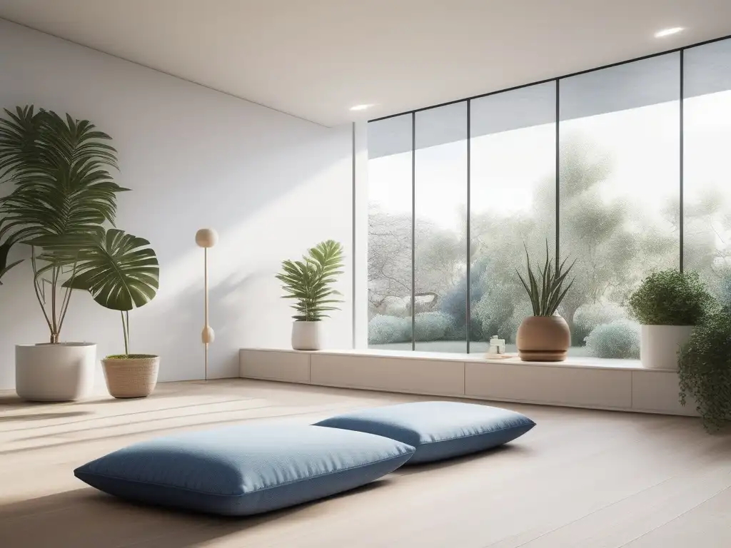 Sala de meditación minimalista con luz natural y técnica de meditación de sonrisa interior