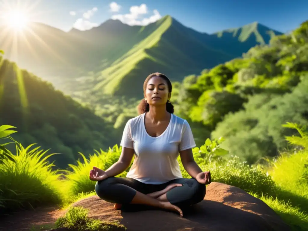 Terapia humanista para mejorar bienestar: persona meditando en la cima de una montaña rodeada de vegetación, transmitiendo serenidad y tranquilidad