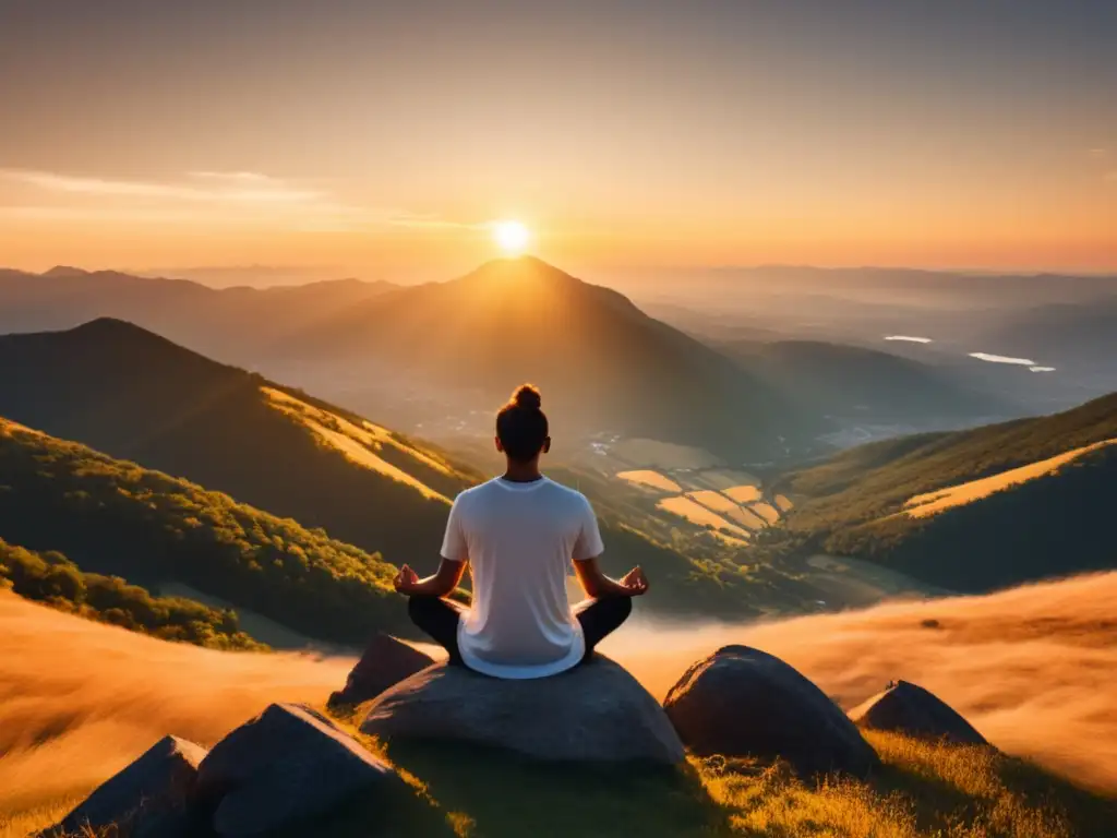 Persona meditando en la cima de una montaña, conexión esencial