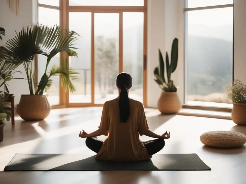 Persona meditando en una habitación minimalista y tranquila, con luz natural y decoración inspiradora