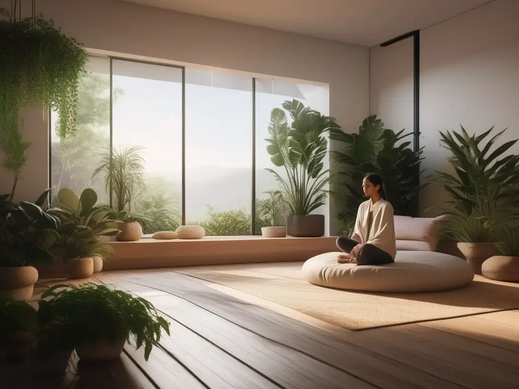 Beneficios de mindfulness: imagen 8k serena y minimalista, persona meditando rodeada de naturaleza, promueve paz y claridad