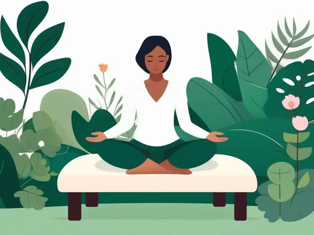 Persona meditando rodeada de naturaleza y flores, transmitiendo calma y conexión con la salud mental