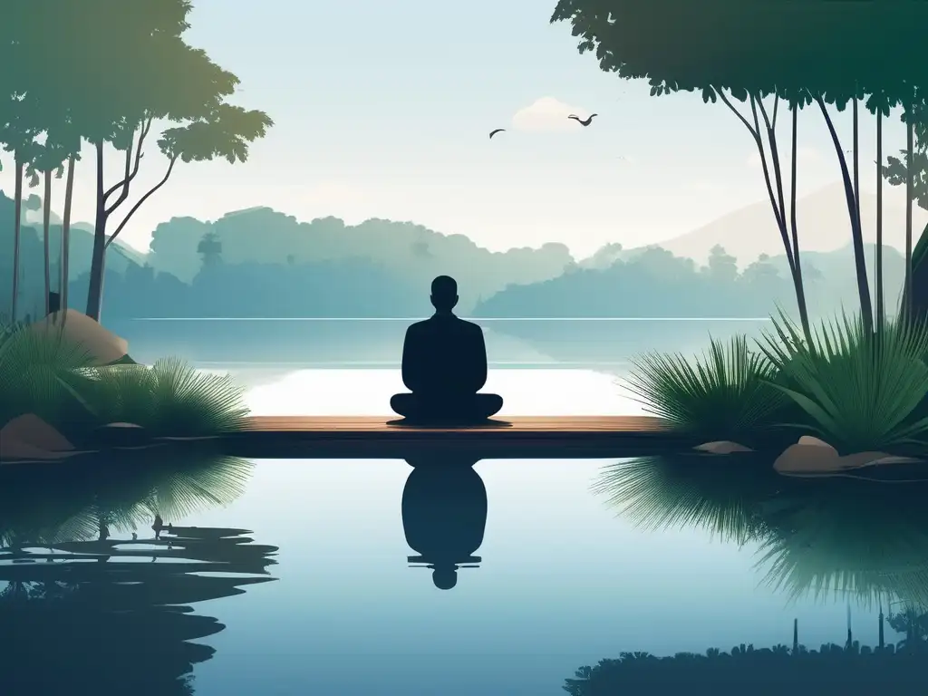 Beneficios del mindfulness en rehabilitación cerebral: Serenidad y tranquilidad en un paisaje natural con una persona practicando mindfulness