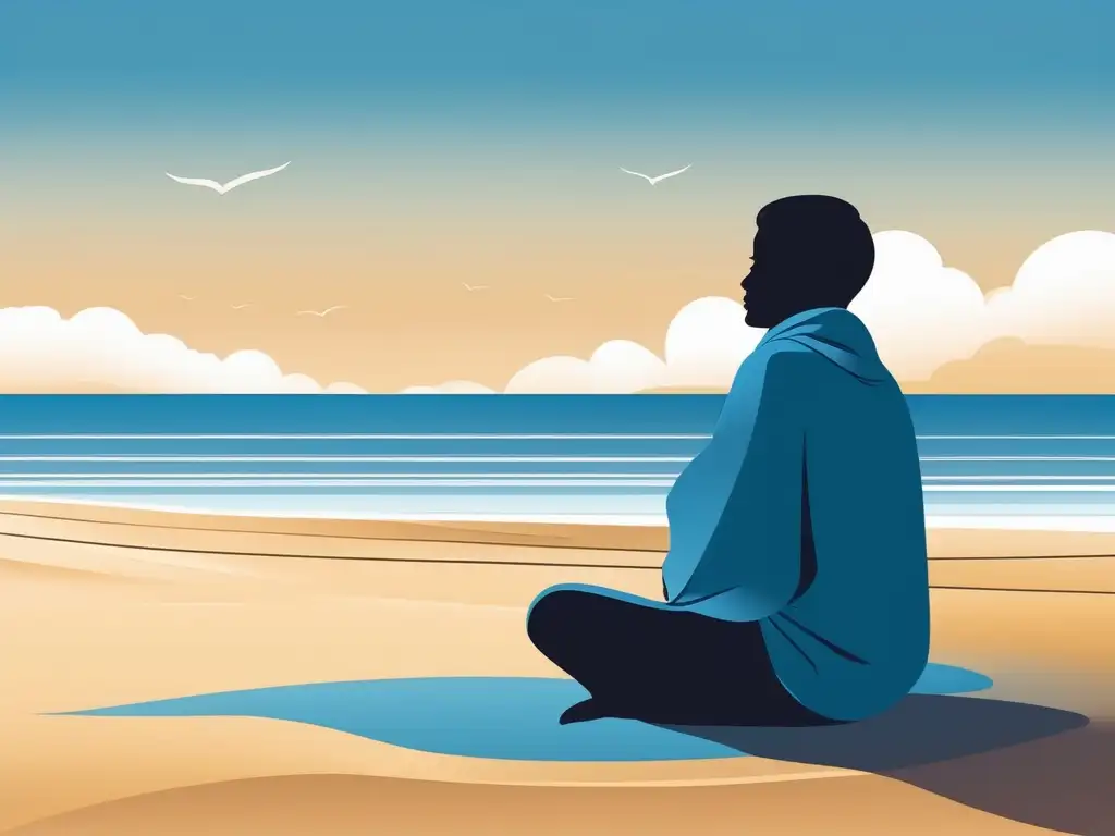 Personaje relajado en playa, beneficios del mindfulness para migrañas