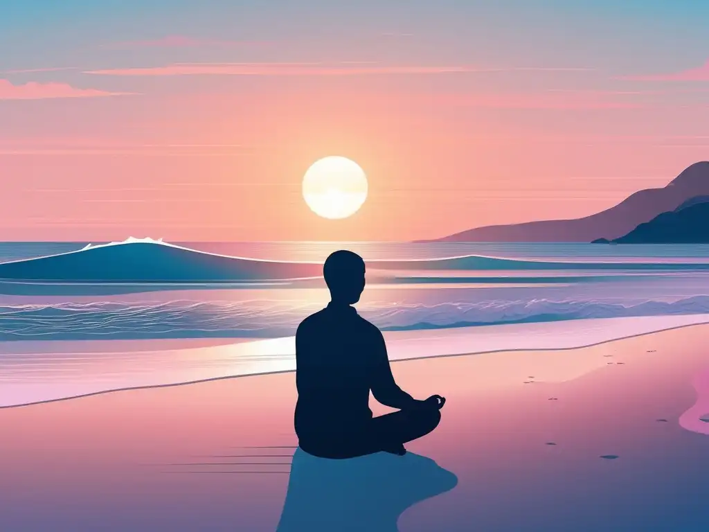 Persona en la playa, meditando en la puesta de sol - Beneficios del Mindfulness para la salud mental