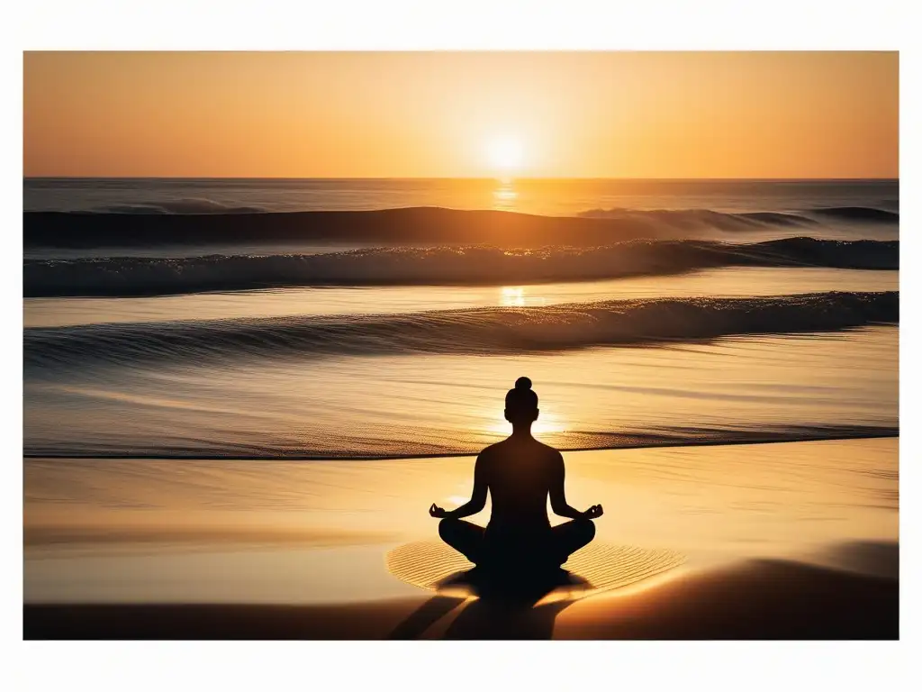 Técnicas de mindfulness para autoconciencia en una playa tranquila, con persona en pose de meditación rodeada de luz dorada